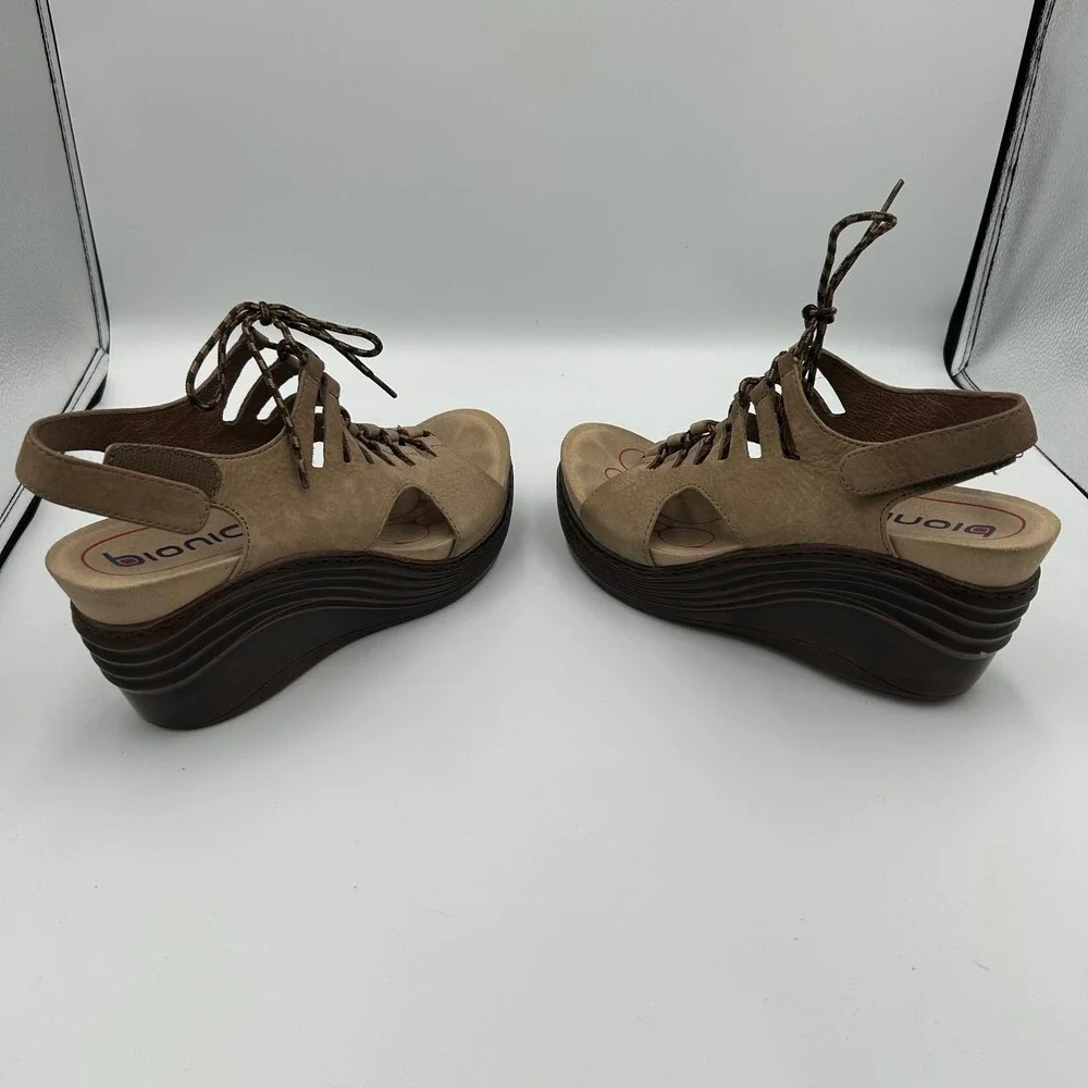 Bionica Wedge Sandals Womens 8 M Tan Leather Lace Up Cage Slingback 4552206